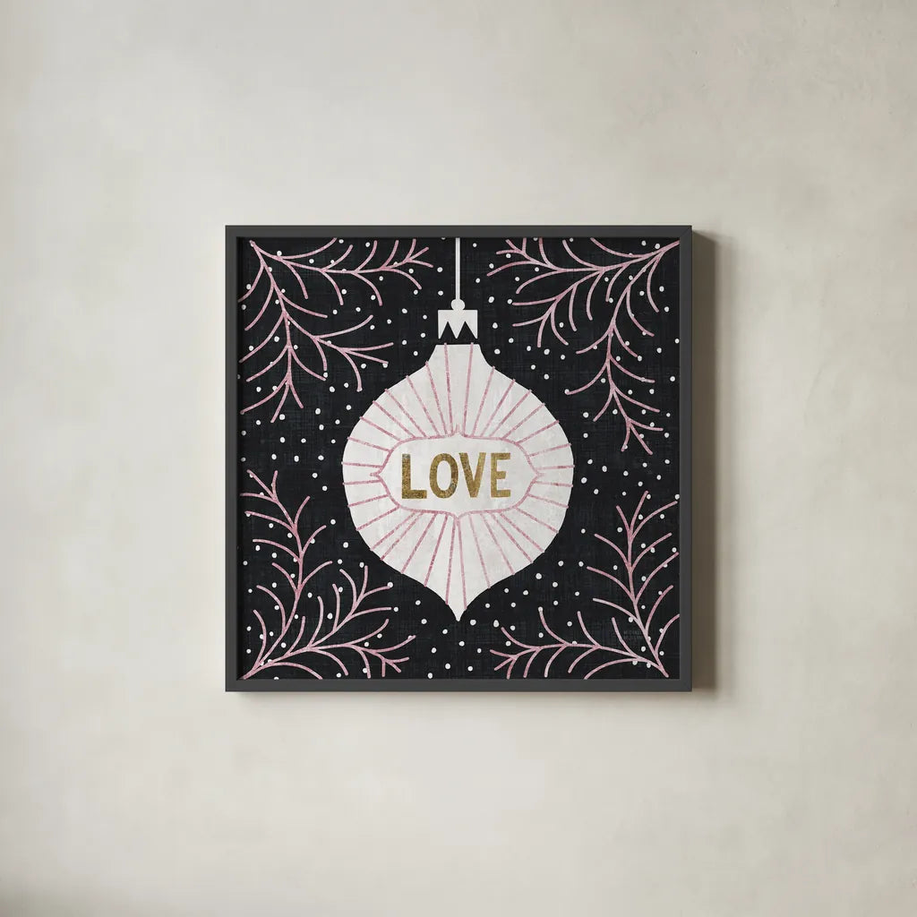 Jolly Holiday Ornaments Love Metallic by Michael Mullan. Shown in a sleek black glass frame for a contemporary gallery look. Available as an archival giclee rolled canvas, fine art paper, or poster print. SKU 50316a.