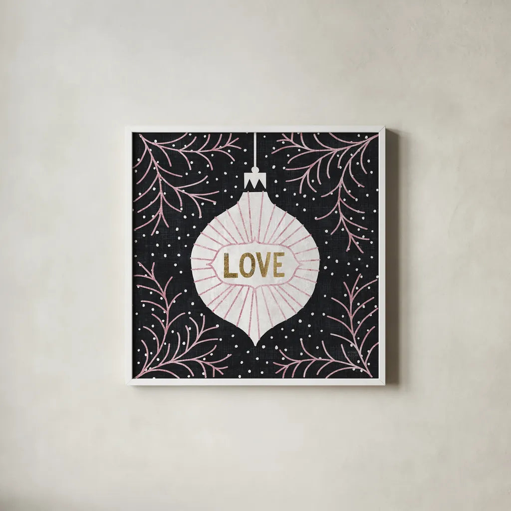 Jolly Holiday Ornaments Love Metallic by Michael Mullan. Shown in a crisp white glass frame for a clean and minimalist style. Available as an archival giclee rolled canvas, fine art paper, or poster print. SKU 50316a.