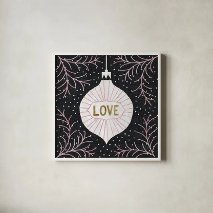 Jolly Holiday Ornaments Love Metallic by Michael Mullan. Shown in a crisp white glass frame for a clean and minimalist style. Available as an archival giclee rolled canvas, fine art paper, or poster print. SKU 50316a.