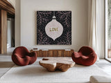 Jolly Holiday Ornaments Love Metallic by Michael Mullan. Shown as extra-large giant wall art in a modern living room. Available as an archival giclee rolled canvas, fine art paper, or poster print. SKU 50316a.