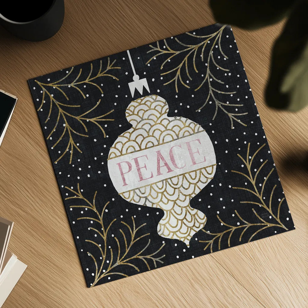 Jolly Holiday Ornaments Peace Metallic by Michael Mullan. Shown as a detailed flat fine art print, highlighting archival giclee quality. Available as an archival giclee rolled canvas, fine art paper, or poster print. SKU 50317a.