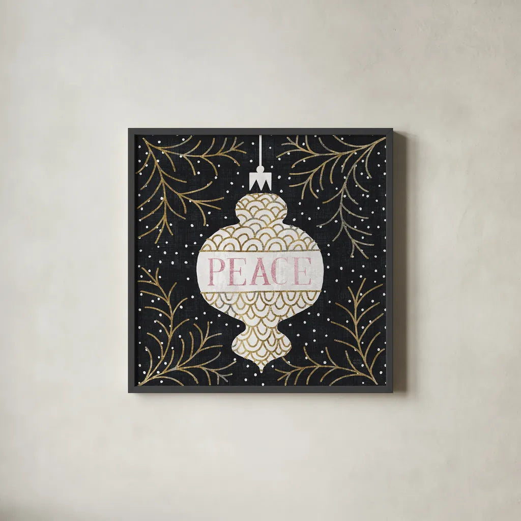 Jolly Holiday Ornaments Peace Metallic by Michael Mullan. Shown in a sleek black glass frame for a contemporary gallery look. Available as an archival giclee rolled canvas, fine art paper, or poster print. SKU 50317a.