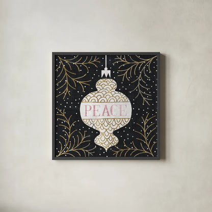 Jolly Holiday Ornaments Peace Metallic by Michael Mullan. Shown in a sleek black glass frame for a contemporary gallery look. Available as an archival giclee rolled canvas, fine art paper, or poster print. SKU 50317a.
