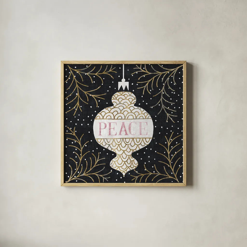 Jolly Holiday Ornaments Peace Metallic by Michael Mullan. Shown in a natural wood glass frame for a timeless modern aesthetic. Available as an archival giclee rolled canvas, fine art paper, or poster print. SKU 50317a.