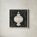 Jolly Holiday Ornaments Peace Metallic by Michael Mullan. Shown in a crisp white glass frame for a clean and minimalist style. Available as an archival giclee rolled canvas, fine art paper, or poster print. SKU 50317a.