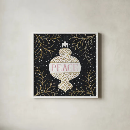 Jolly Holiday Ornaments Peace Metallic by Michael Mullan. Shown in a crisp white glass frame for a clean and minimalist style. Available as an archival giclee rolled canvas, fine art paper, or poster print. SKU 50317a.