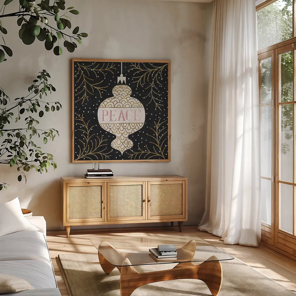 Jolly Holiday Ornaments Peace Metallic by Michael Mullan. Shown in a natural wood frame in a cozy modern living room. Available as an archival giclee rolled canvas, fine art paper, or poster print. SKU 50317a.