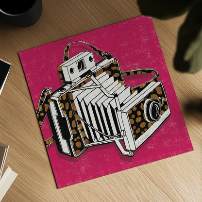 Jungle Camera Bright Rose by Michael Mullan. Shown as a detailed flat fine art print, highlighting archival giclee quality. Available as an archival giclee rolled canvas, fine art paper, or poster print. SKU 58418a.