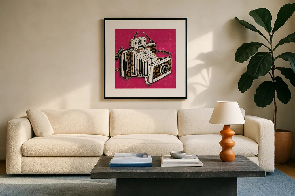 Jungle Camera Bright Rose by Michael Mullan. Displayed in a glass frame with matte in a clean modern living room. Available as an archival giclee rolled canvas, fine art paper, or poster print. SKU 58418a.