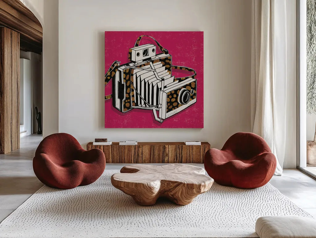 Jungle Camera Bright Rose by Michael Mullan. Shown as extra-large giant wall art in a modern living room. Available as an archival giclee rolled canvas, fine art paper, or poster print. SKU 58418a.