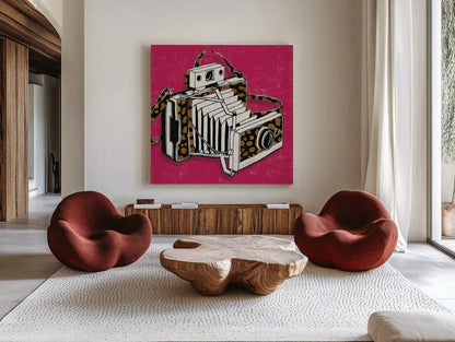 Jungle Camera Bright Rose by Michael Mullan. Shown as extra-large giant wall art in a modern living room. Available as an archival giclee rolled canvas, fine art paper, or poster print. SKU 58418a.