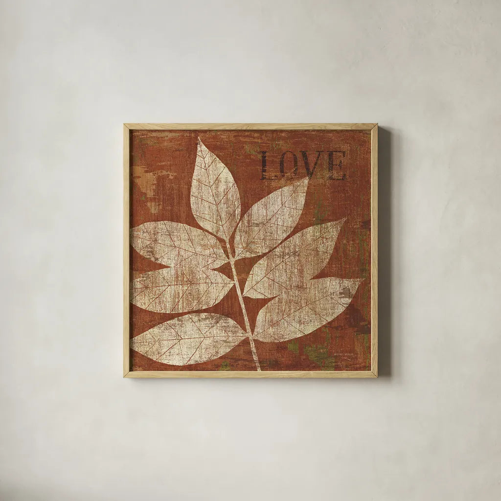 Leaf Inspiration I by Michael Mullan. Shown in a natural wood glass frame for a timeless modern aesthetic. Available as an archival giclee rolled canvas, fine art paper, or poster print. SKU 16726a.