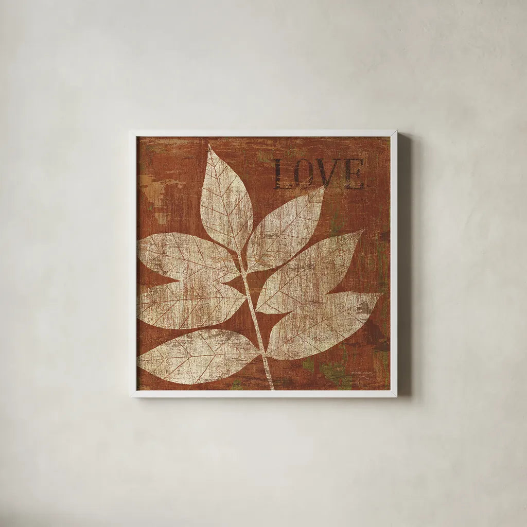 Leaf Inspiration I by Michael Mullan. Shown in a crisp white glass frame for a clean and minimalist style. Available as an archival giclee rolled canvas, fine art paper, or poster print. SKU 16726a.