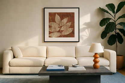 Leaf Inspiration I by Michael Mullan. Displayed in a glass frame with matte in a clean modern living room. Available as an archival giclee rolled canvas, fine art paper, or poster print. SKU 16726a.