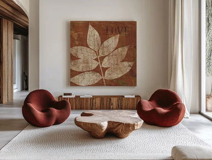 Leaf Inspiration I by Michael Mullan. Shown as extra-large giant wall art in a modern living room. Available as an archival giclee rolled canvas, fine art paper, or poster print. SKU 16726a.