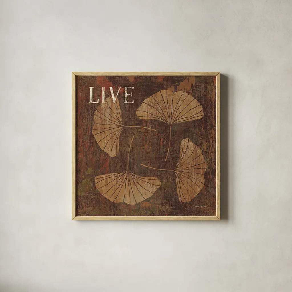 Leaf Inspiration II by Michael Mullan. Shown in a natural wood glass frame for a timeless modern aesthetic. Available as an archival giclee rolled canvas, fine art paper, or poster print. SKU 16727a.