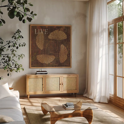 Leaf Inspiration II by Michael Mullan. Shown in a natural wood frame in a cozy modern living room. Available as an archival giclee rolled canvas, fine art paper, or poster print. SKU 16727a.