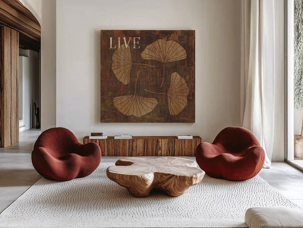 Leaf Inspiration II by Michael Mullan. Shown as extra-large giant wall art in a modern living room. Available as an archival giclee rolled canvas, fine art paper, or poster print. SKU 16727a.