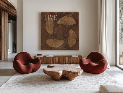 Leaf Inspiration II by Michael Mullan. Shown as extra-large giant wall art in a modern living room. Available as an archival giclee rolled canvas, fine art paper, or poster print. SKU 16727a.