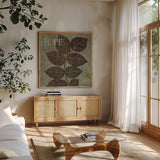 Leaf Inspiration III by Michael Mullan. Shown in a natural wood frame in a cozy modern living room. Available as an archival giclee rolled canvas, fine art paper, or poster print. SKU 16728a.