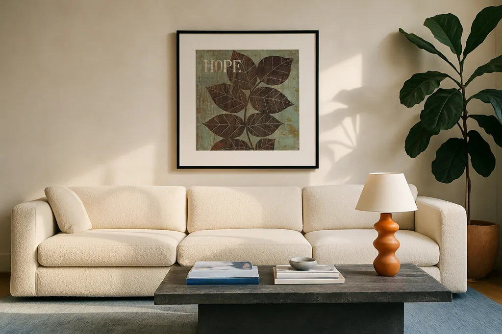 Leaf Inspiration III by Michael Mullan. Displayed in a glass frame with matte in a clean modern living room. Available as an archival giclee rolled canvas, fine art paper, or poster print. SKU 16728a.