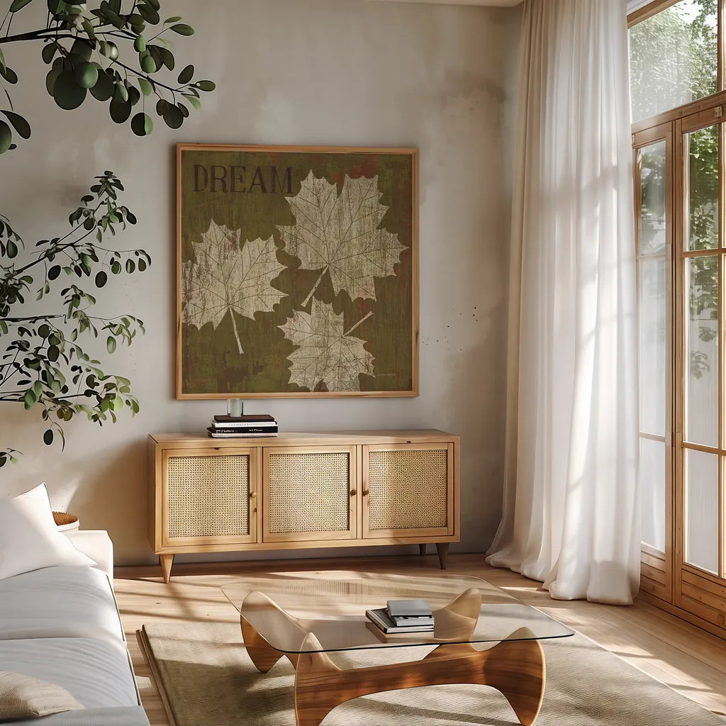 Leaf Inspiration IV by Michael Mullan. Shown in a natural wood frame in a cozy modern living room. Available as an archival giclee rolled canvas, fine art paper, or poster print. SKU 16729a.