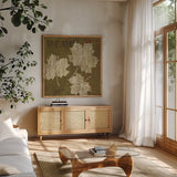 Leaf Inspiration IV by Michael Mullan. Shown in a natural wood frame in a cozy modern living room. Available as an archival giclee rolled canvas, fine art paper, or poster print. SKU 16729a.