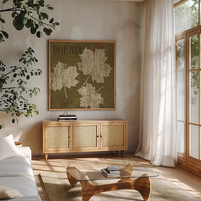 Leaf Inspiration IV by Michael Mullan. Shown in a natural wood frame in a cozy modern living room. Available as an archival giclee rolled canvas, fine art paper, or poster print. SKU 16729a.