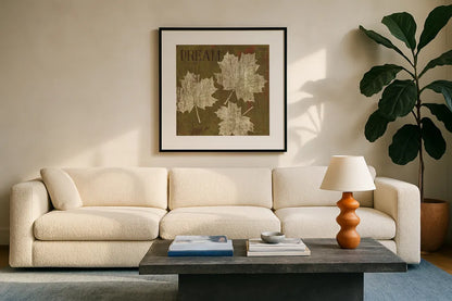 Leaf Inspiration IV by Michael Mullan. Displayed in a glass frame with matte in a clean modern living room. Available as an archival giclee rolled canvas, fine art paper, or poster print. SKU 16729a.