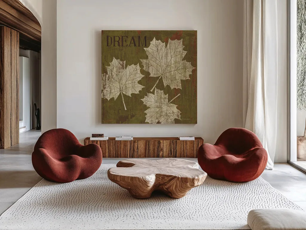 Leaf Inspiration IV by Michael Mullan. Shown as extra-large giant wall art in a modern living room. Available as an archival giclee rolled canvas, fine art paper, or poster print. SKU 16729a.