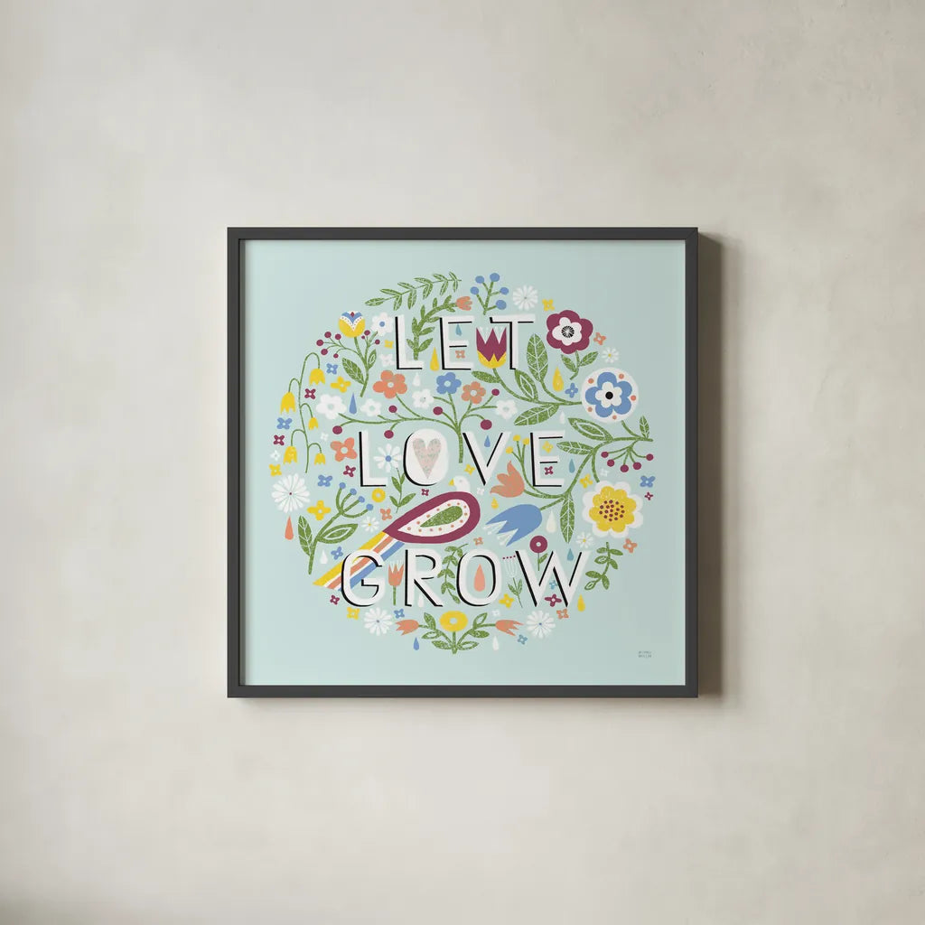 Let Love Grow v2 by Michael Mullan. Shown in a sleek black glass frame for a contemporary gallery look. Available as an archival giclee rolled canvas, fine art paper, or poster print. SKU 42919a.