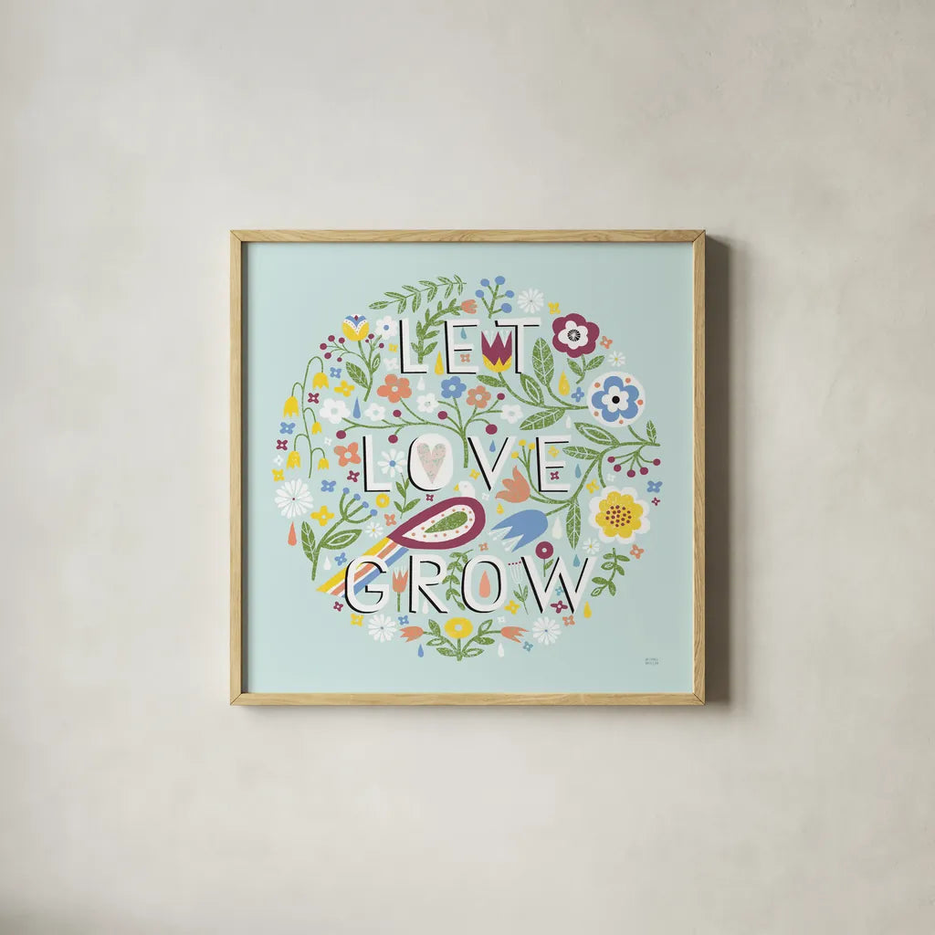 Let Love Grow v2 by Michael Mullan. Shown in a natural wood glass frame for a timeless modern aesthetic. Available as an archival giclee rolled canvas, fine art paper, or poster print. SKU 42919a.