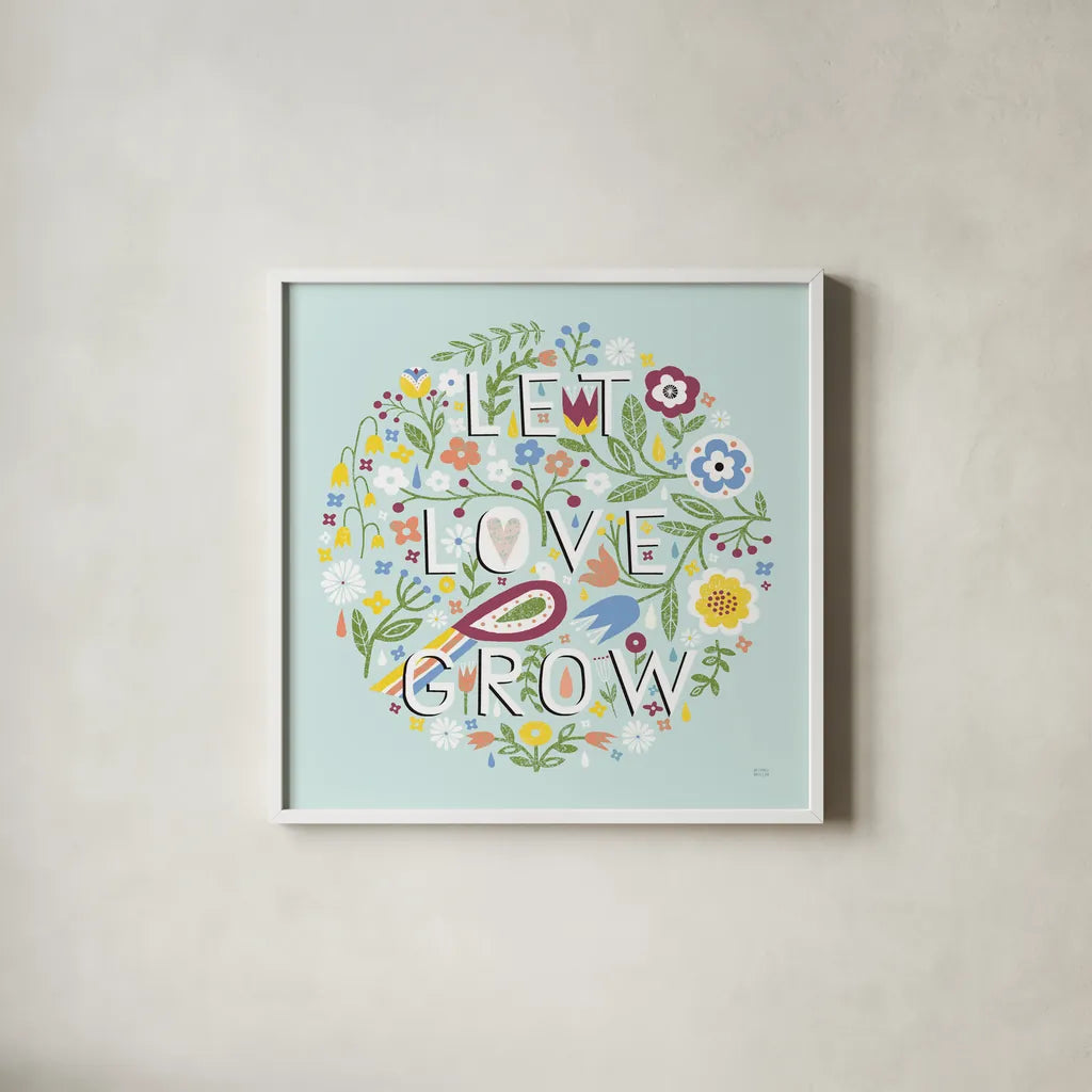 Let Love Grow v2 by Michael Mullan. Shown in a crisp white glass frame for a clean and minimalist style. Available as an archival giclee rolled canvas, fine art paper, or poster print. SKU 42919a.