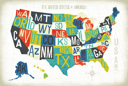 Letterpress USA Map by Michael Mullan. SKU 29789i. Archival Giclee Fine art print for wall decor.