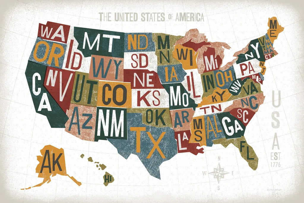 Letterpress USA Map Warm by Michael Mullan. SKU 58963i. Archival Giclee Fine art print for wall decor.