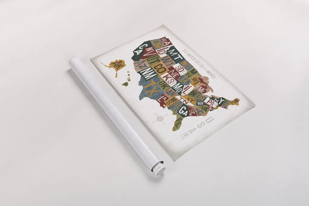 Letterpress USA Map Warm by Michael Mullan. shown as a rolled paper print. Available as archival giclee rolled canvas, fine art paper, or poster print. SKU 58963i.