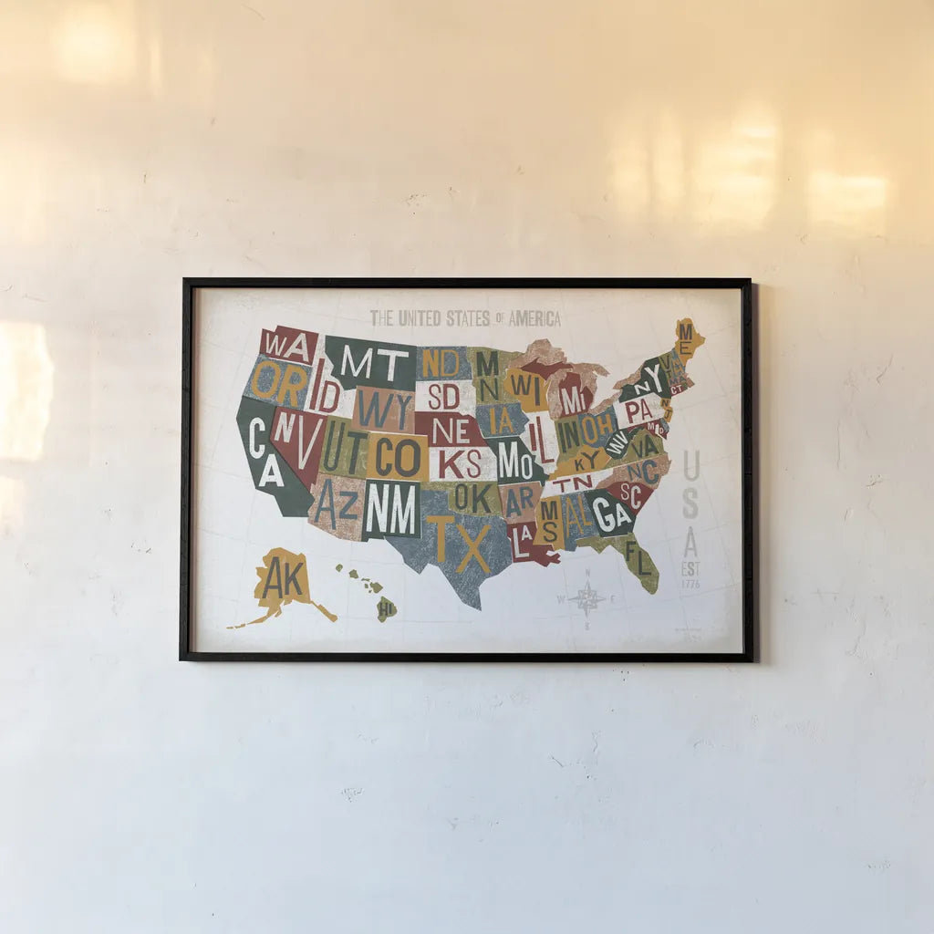 Letterpress USA Map Warm by Michael Mullan. shown as a paper print in a black flame. Available as a archival giclee rolled canvas, fine art paper, or poster print. SKU 58963i.