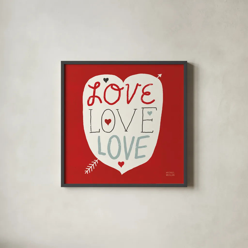 Love Love Love Square by Michael Mullan. Shown in a sleek black glass frame for a contemporary gallery look. Available as an archival giclee rolled canvas, fine art paper, or poster print. SKU 11821a.