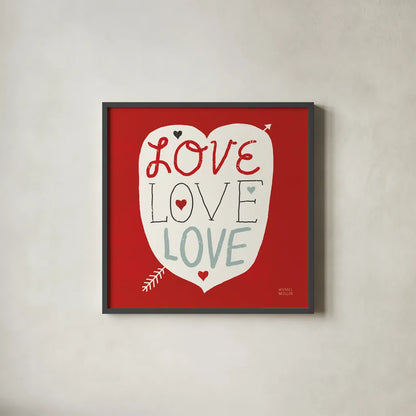 Love Love Love Square by Michael Mullan. Shown in a sleek black glass frame for a contemporary gallery look. Available as an archival giclee rolled canvas, fine art paper, or poster print. SKU 11821a.