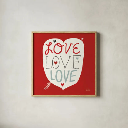 Love Love Love Square by Michael Mullan. Shown in a natural wood glass frame for a timeless modern aesthetic. Available as an archival giclee rolled canvas, fine art paper, or poster print. SKU 11821a.