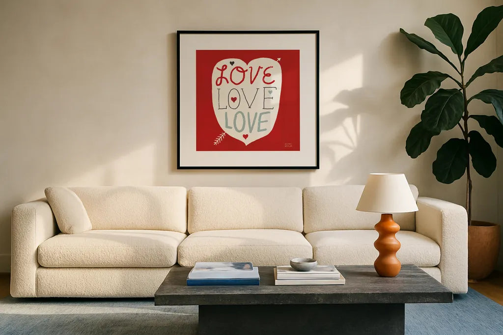 Love Love Love Square by Michael Mullan. Displayed in a glass frame with matte in a clean modern living room. Available as an archival giclee rolled canvas, fine art paper, or poster print. SKU 11821a.