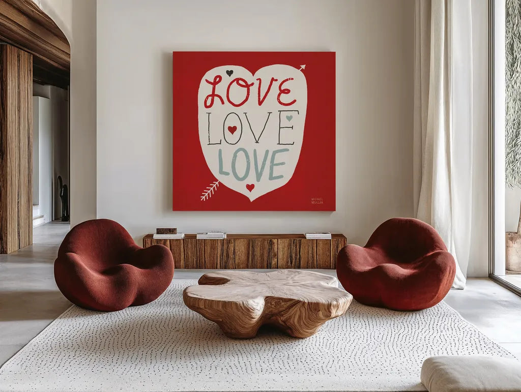 Love Love Love Square by Michael Mullan. Shown as extra-large giant wall art in a modern living room. Available as an archival giclee rolled canvas, fine art paper, or poster print. SKU 11821a.