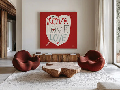 Love Love Love Square by Michael Mullan. Shown as extra-large giant wall art in a modern living room. Available as an archival giclee rolled canvas, fine art paper, or poster print. SKU 11821a.