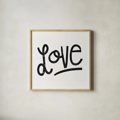 Love is Grand Square I by Michael Mullan. Shown in a natural wood glass frame for a timeless modern aesthetic. Available as an archival giclee rolled canvas, fine art paper, or poster print. SKU 12724a.
