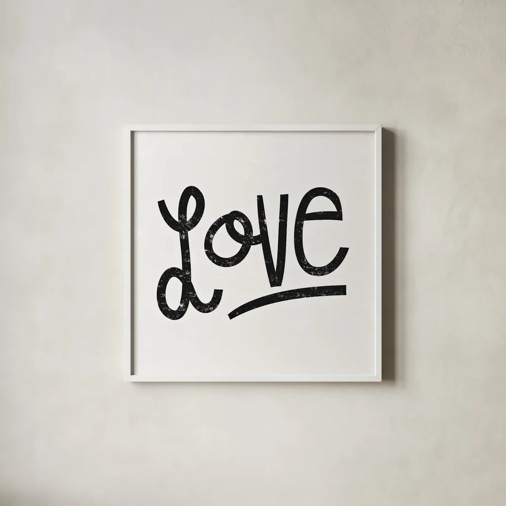 Love is Grand Square I by Michael Mullan. Shown in a crisp white glass frame for a clean and minimalist style. Available as an archival giclee rolled canvas, fine art paper, or poster print. SKU 12724a.