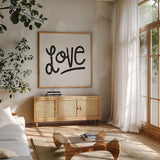 Love is Grand Square I by Michael Mullan. Shown in a natural wood frame in a cozy modern living room. Available as an archival giclee rolled canvas, fine art paper, or poster print. SKU 12724a.