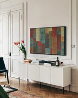 Majestic City Abstract by Michael Mullan. shown as a framed stretched canvas in a living room above a console. Available as a archival giclee rolled canvas, fine art paper, or poster print. SKU 50442i.