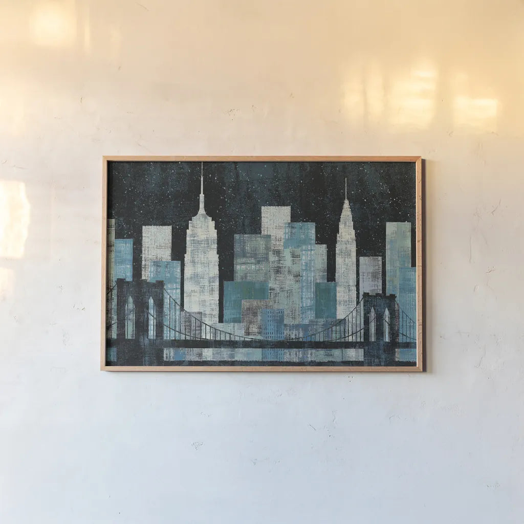 Majestic City Night by Michael Mullan. shown as a paper print in a natural frame. Available as a archival giclee rolled canvas, fine art paper, or poster print. SKU 50437i.