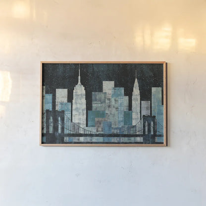 Majestic City Night by Michael Mullan. shown as a paper print in a natural frame. Available as a archival giclee rolled canvas, fine art paper, or poster print. SKU 50437i.