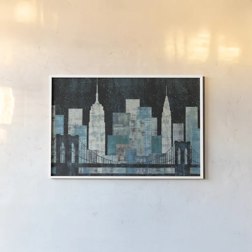 Majestic City Night by Michael Mullan. shown as a paper print in a white frame. Available as a archival giclee rolled canvas, fine art paper, or poster print. SKU 50437i.